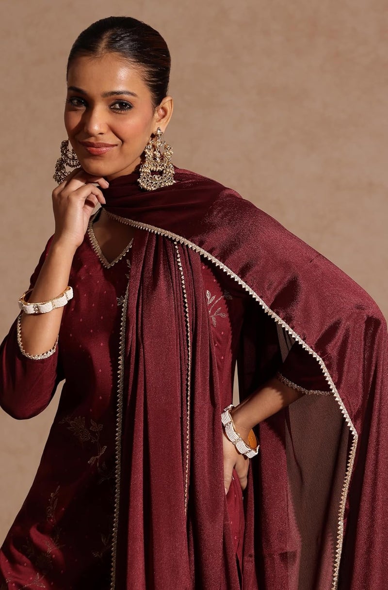Janasya Women Kurta Pant With Dupatta Set in Maroon - Image 3